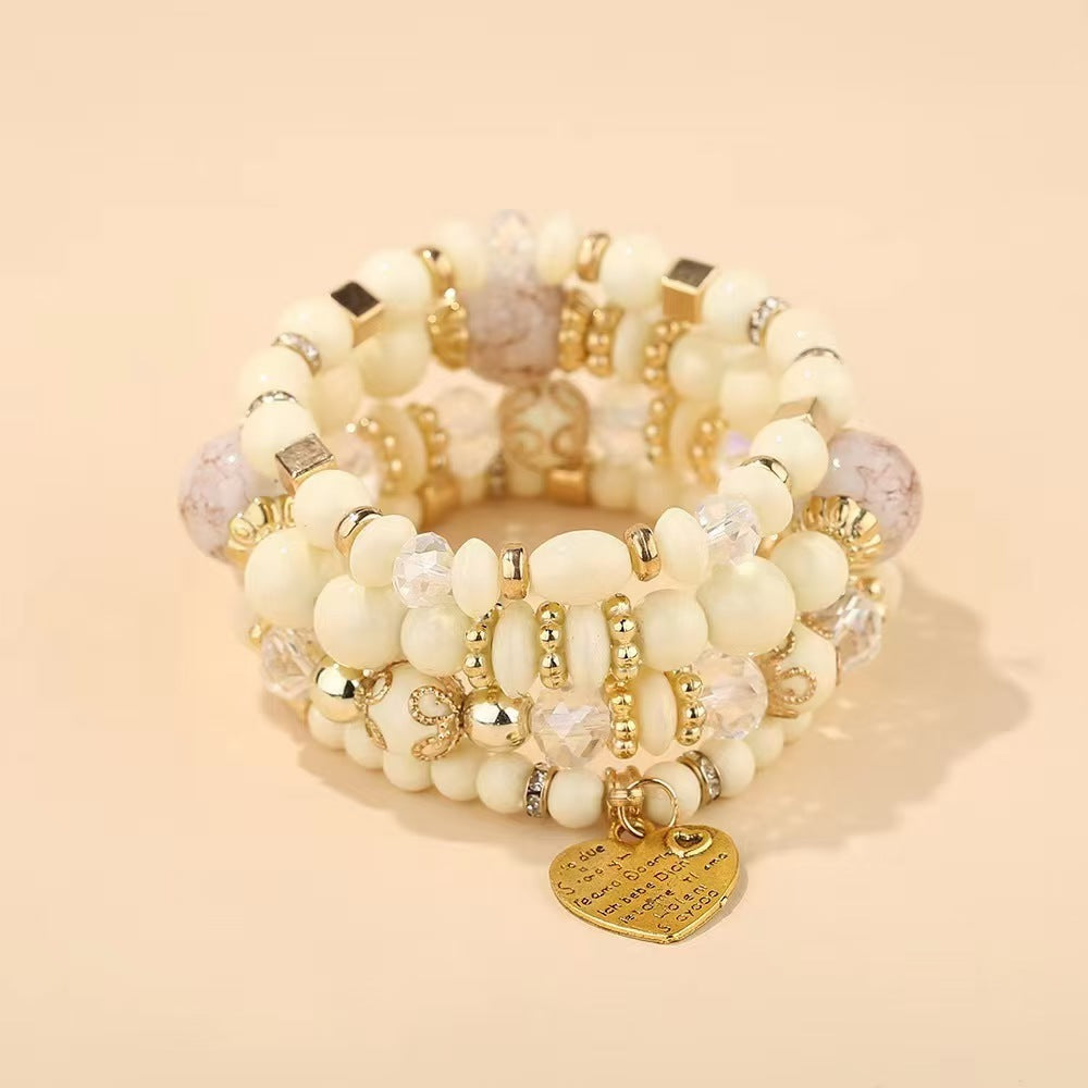 Bohemian Multi-Layered Charm Bracelet for Women - Metal Heart & Beaded Design