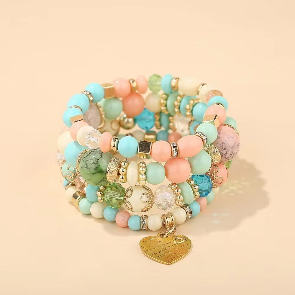 Bohemian Multi-Layered Charm Bracelet for Women - Metal Heart & Beaded Design