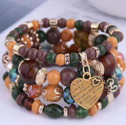 Bohemian Multi-Layered Charm Bracelet for Women - Metal Heart & Beaded Design