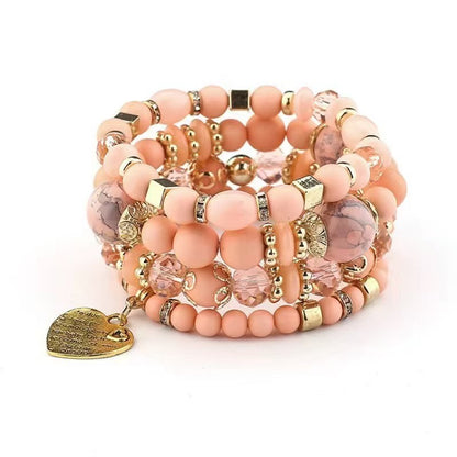 Bohemian Multi-Layered Charm Bracelet for Women - Metal Heart & Beaded Design