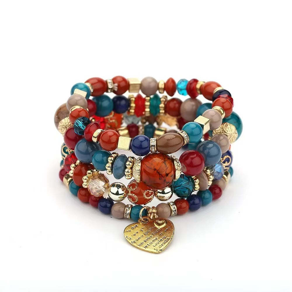 Bohemian Multi-Layered Charm Bracelet for Women - Metal Heart & Beaded Design
