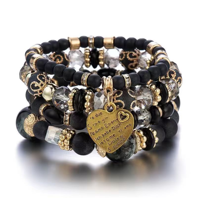Bohemian Multi-Layered Charm Bracelet for Women - Metal Heart & Beaded Design